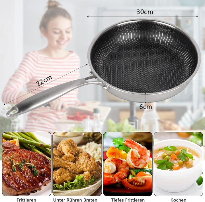 W&H Bratpfanne, 28 cm Edelstahl Pfanne mit Wabenstruktur,Antihaftbeschichtung, Abnehmbarer Griff, Ge