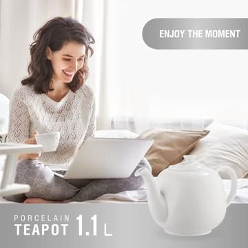 Teekanne Swansea Weiss 1,1 L Porzellan Teekanne für Teebeutel, tropffrei, Teapot Englisch grosse Por