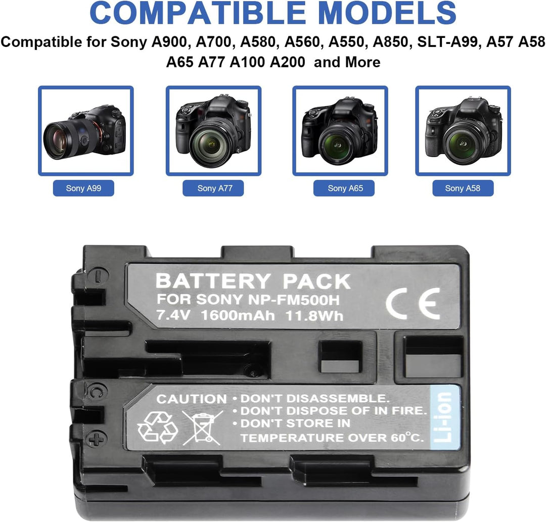 2 X NP-FM500H Ersetzt Akku und Dual Ladegerät Kompatibel mit Sony A57 A58 A65 A77 A100 A200 A200K A2