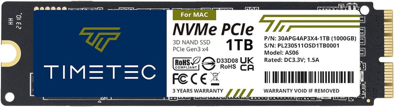 Timetec 1 TB(1000GB) MAC SSD NVMe PCIe Gen3x4 3D NAND TLC Lesen bis zu 1.900 MB/s Kompatibel mit App