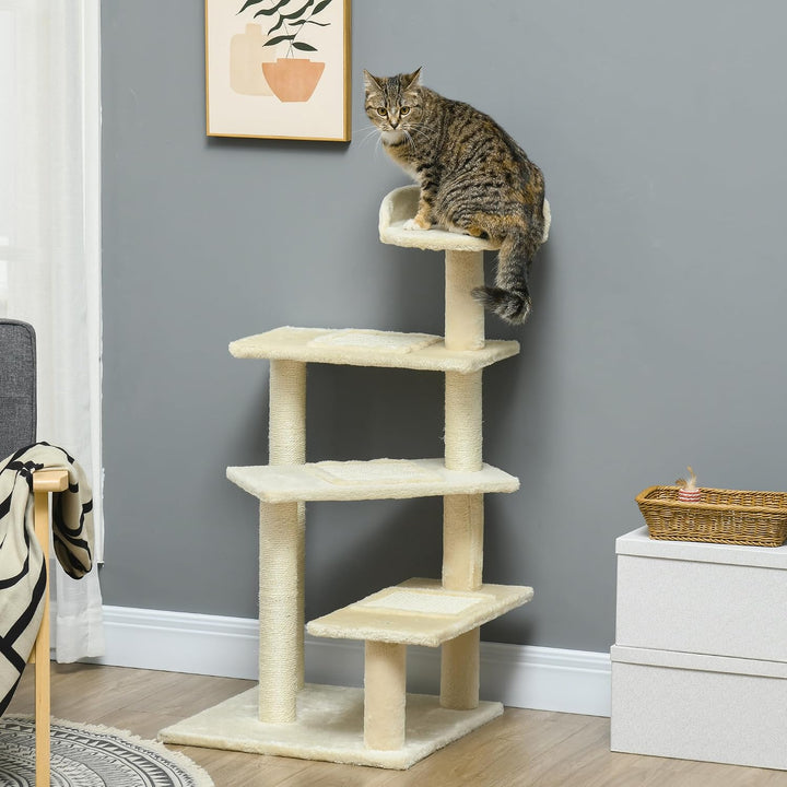 PawHut Kratzbaum 100 cm mit Sisalstämme für mittelgrosse Katzen Beige | Grosse Plattform, Mehrstöcki