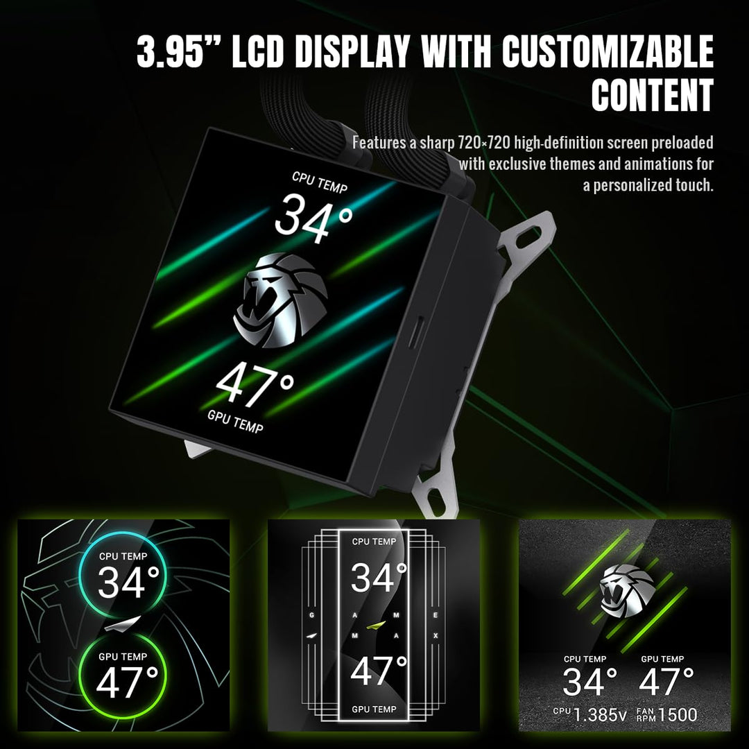 GAMEMAX GLACIER 360 BK AIO Flüssigkeits CPU Kühler, 360mm Radiator, 3,95" 720×720 LCD-Display, seitl