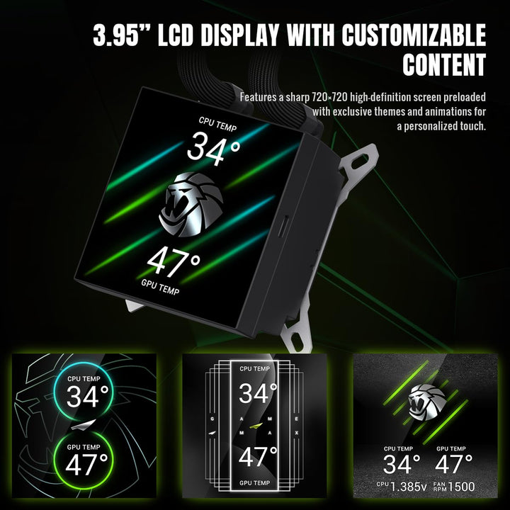 GAMEMAX GLACIER 360 BK AIO Flüssigkeits CPU Kühler, 360mm Radiator, 3,95" 720×720 LCD-Display, seitl