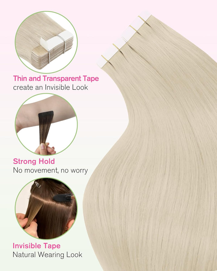 YoungSee Tape in Extensions Echthaar Platinblond,Echthaar Extensions Tape Blond,Tape-in Hair Extensi