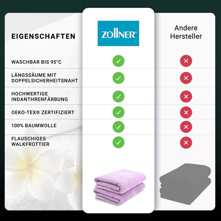 ZOLLNER 2er Set Saunatücher, Handtücher, 70x200 cm, Baumwolle, Flieder