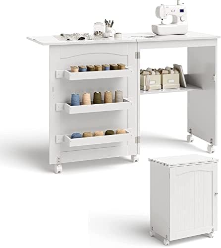 FANTASK 2 in 1 Nähschrank & Schreibtisch klappbar, Nähtisch aus Holz mit 3 Einlegeböden für Spulen &