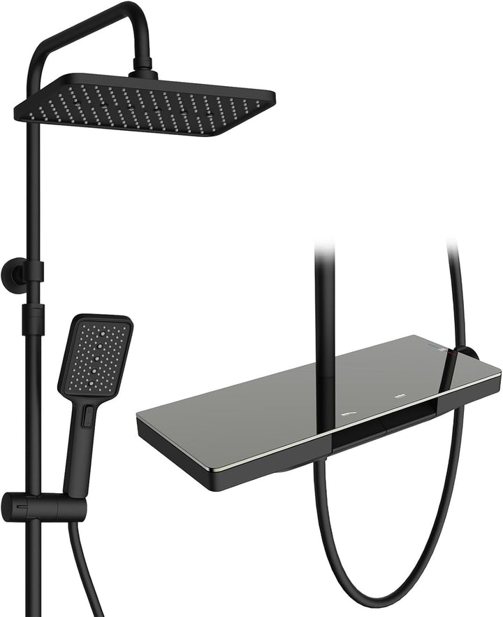 HOMELODY Duschsystem mit Thermostat Schwarz und Glasablage 40x18 CM - Duscharmatur Komplettset mit K