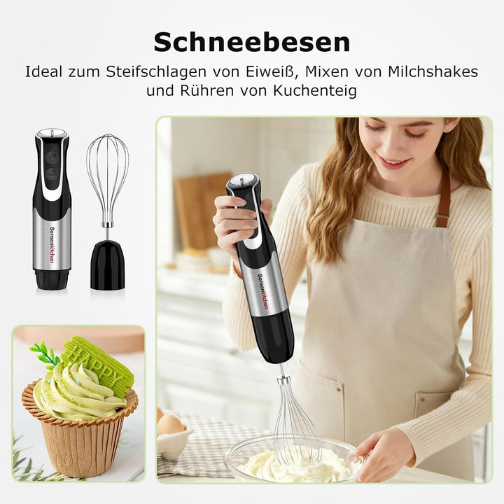 Bonsenkitchen Stabmixer 4-in-1, 1000W Edelstahl mit 12 Stufen Turbo, Schneebesen 700ml Messbecher Le