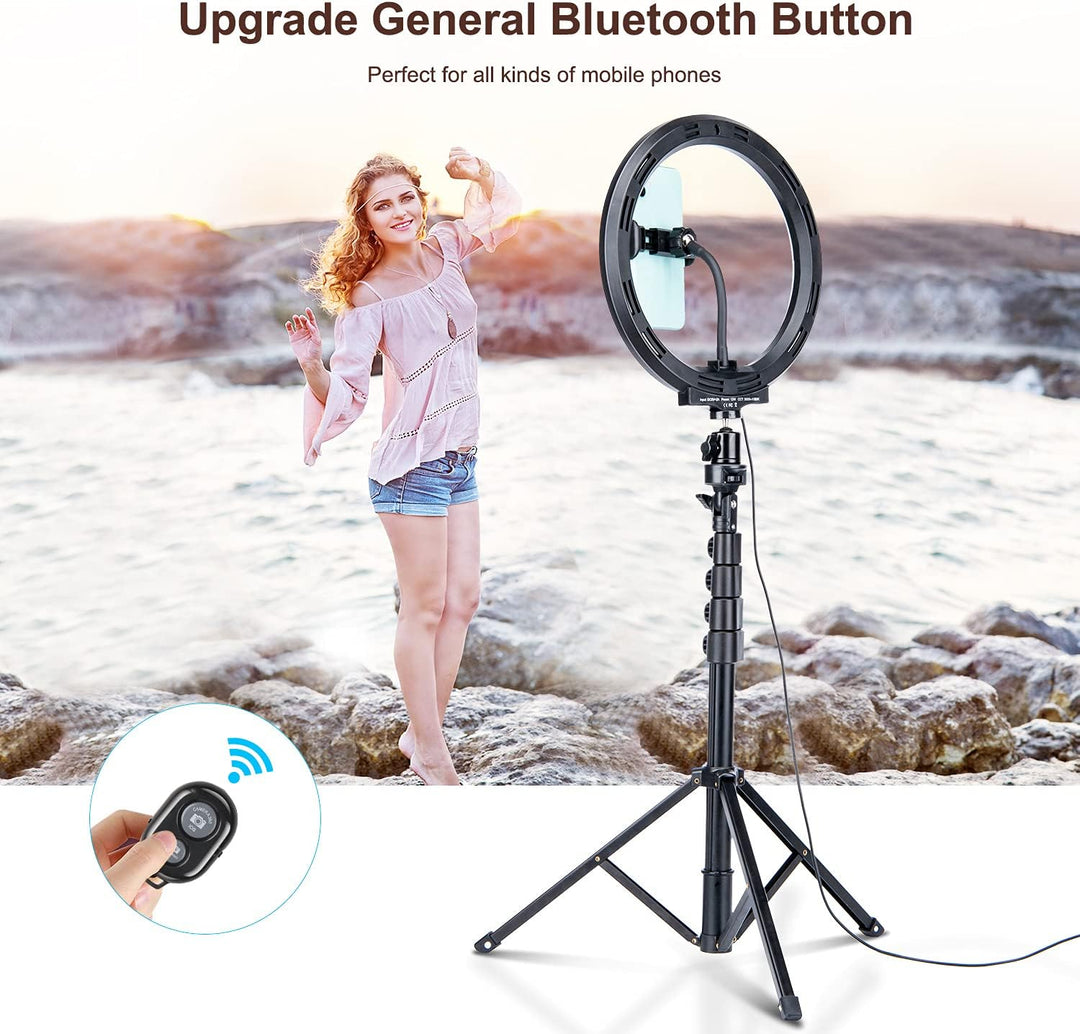 iRhodesy LED Ringlicht 10 Zoll inkl. 150 cm Stativ, dimmbare Selfie Ringleuchte, 3 Lichtmodi & 10 He