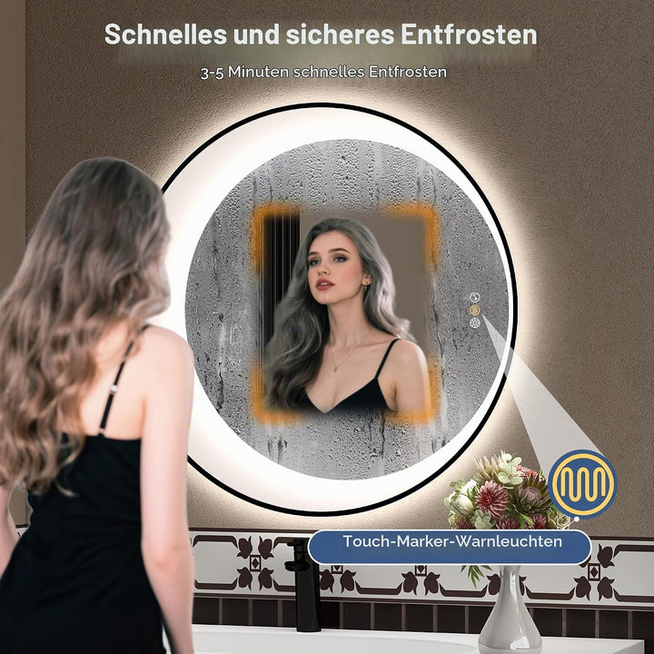 STARLEAD Rund Badspiegel-mit-Beleuchtung 80cm, Asymmetrischer-Spiegel mit Bluetooth, Dimmbar, 3 Lich