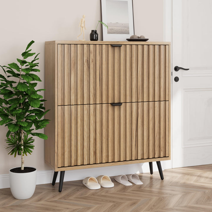 Smuxee Schuhschrank mit 2 Klappschubladen, 80 cm, natürlicher versteckter Schuhschrank mit geriffelt