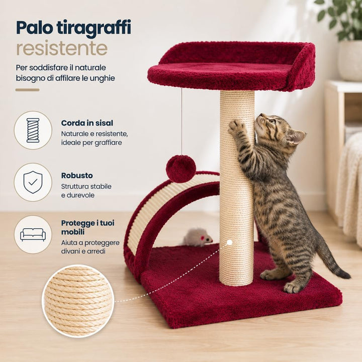 BAKAJI Kratzbaum für Katzen, aus weichem Velboa, mit Sisalstange, 50 cm, mit Spielball, Tunnel mit S