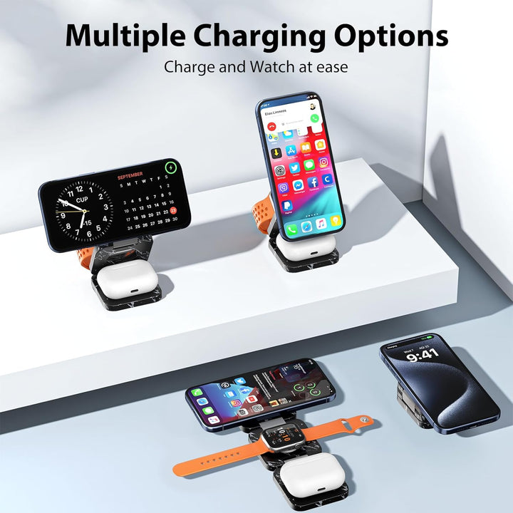 KU XIU Faltbar 3 in 1 Ladestation für Apple Watch und iPhone kompatibel mit MagSafe Ladegerät Indukt
