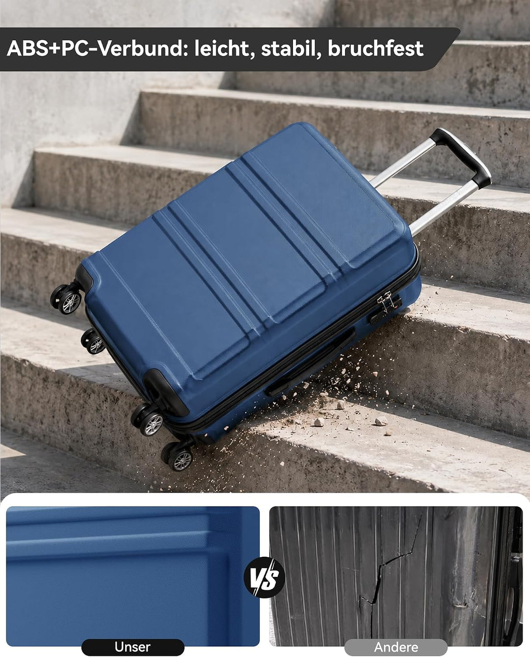 KONO Koffer Trolley Reisekoffer aus ABS+PC – Leichter Hartschalenkoffer mit 4 Zwillingsrollen und TS