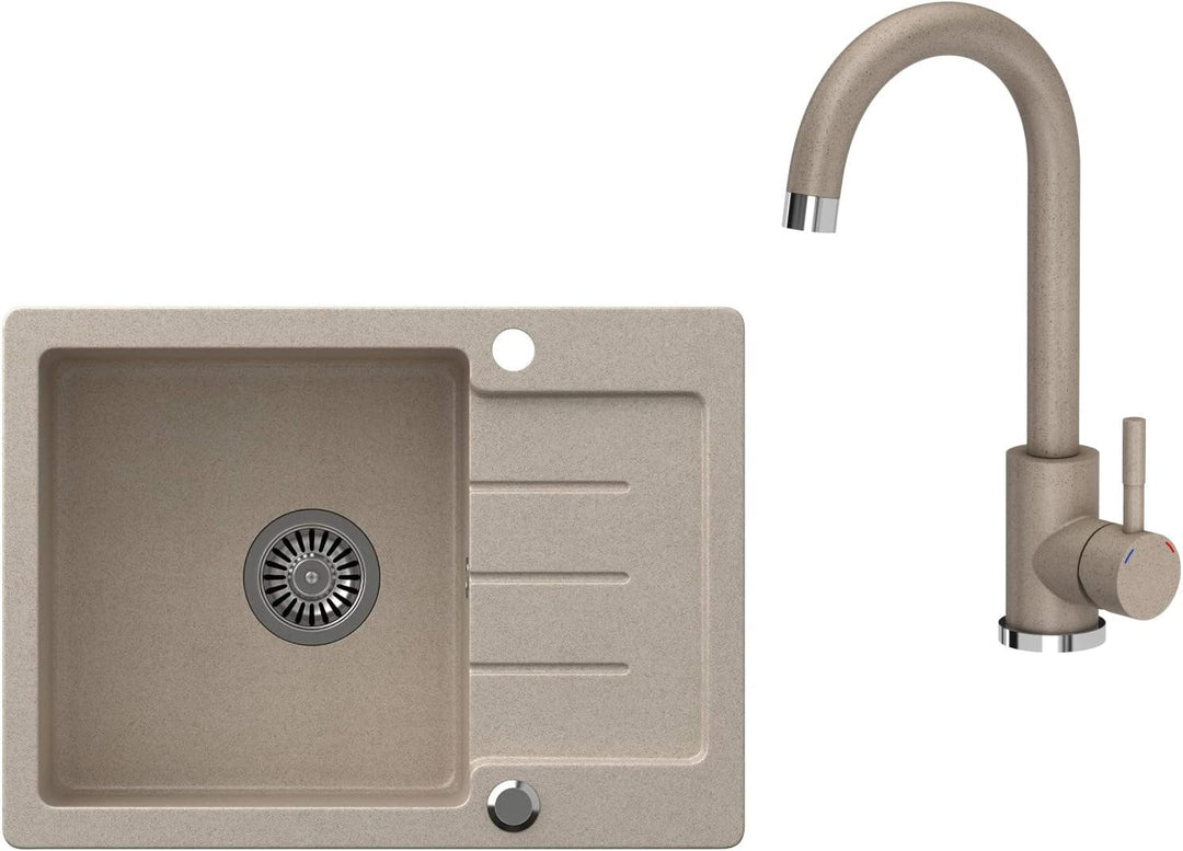 VBChome Spülbecken mit Armatur 60 x 44 cm Einzelbecken Beige Granit Rechteckig Reversibel Einbauspül
