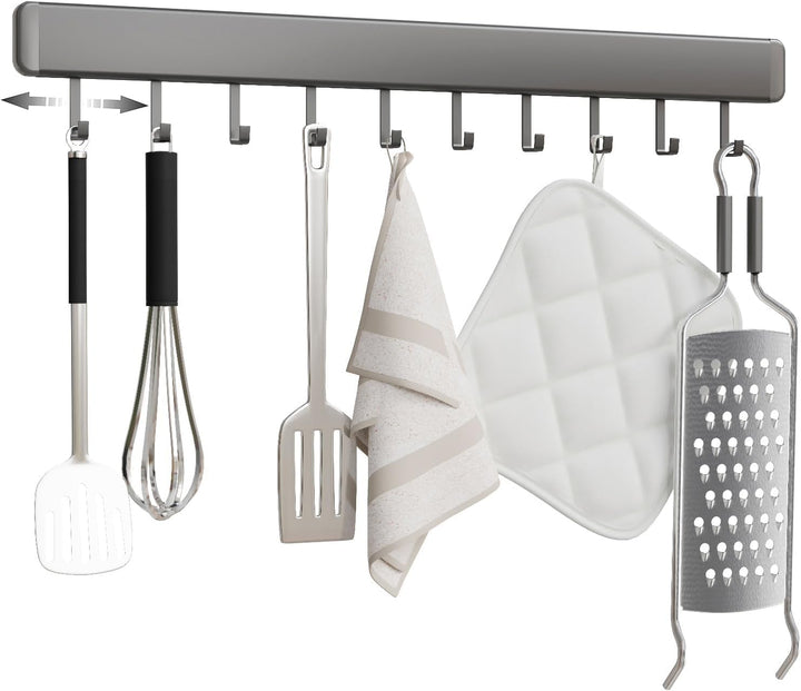 HMAKGG Hakenleiste Küche ohne Bohren, 50CM Küchenleiste Selbstklebend mit 10 Beweglichen Haken, Küch