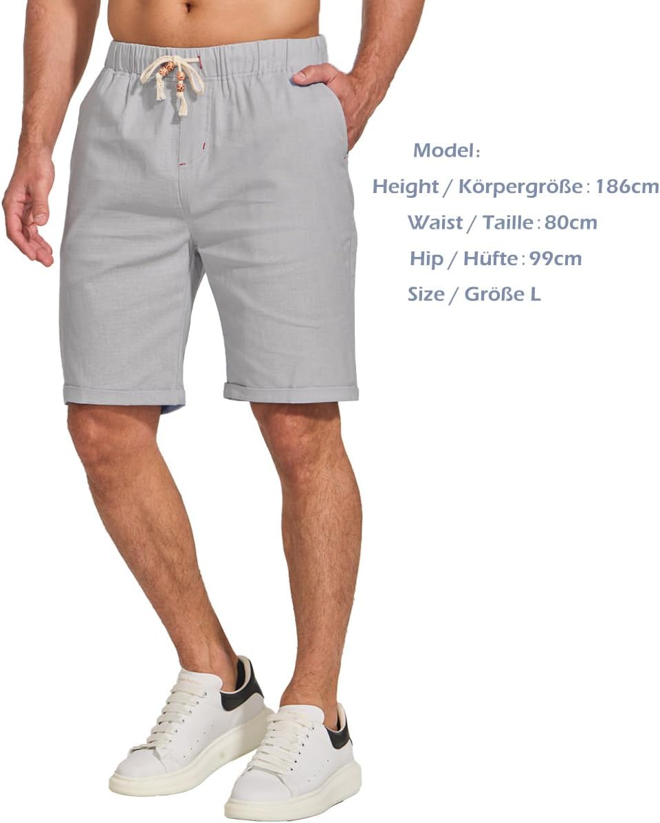JustSun Kurze Hosen Herren Leinen Shorts Leicht Atmungsaktiv mit Tunnelzug S Grau, S Grau