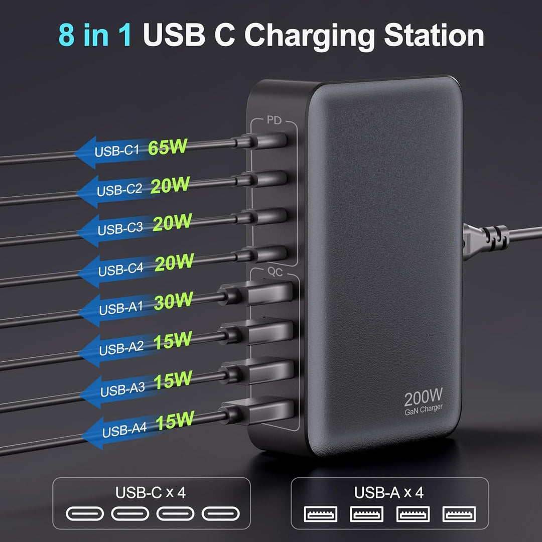 200W USB C Ladegerät, 8-in-1 USB C Netzteil Schnellladegerät mit, Multi Charging Station Adapter Sch