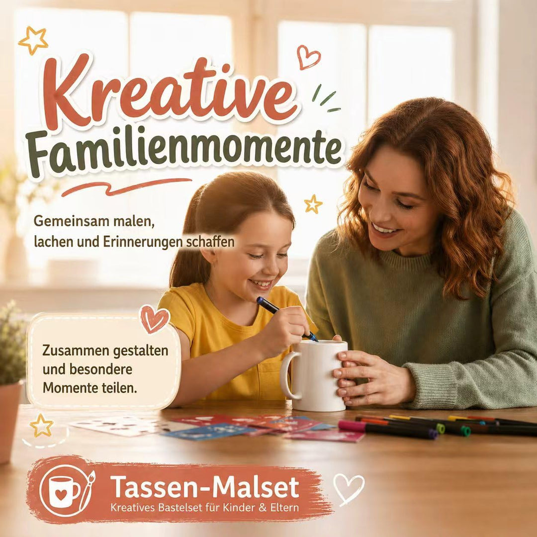 Keramik Bemalen Set – 2 Keramikbecher 12 Porzellanstifte (schnelltrocknend) 12 Design-Schablonen Ker