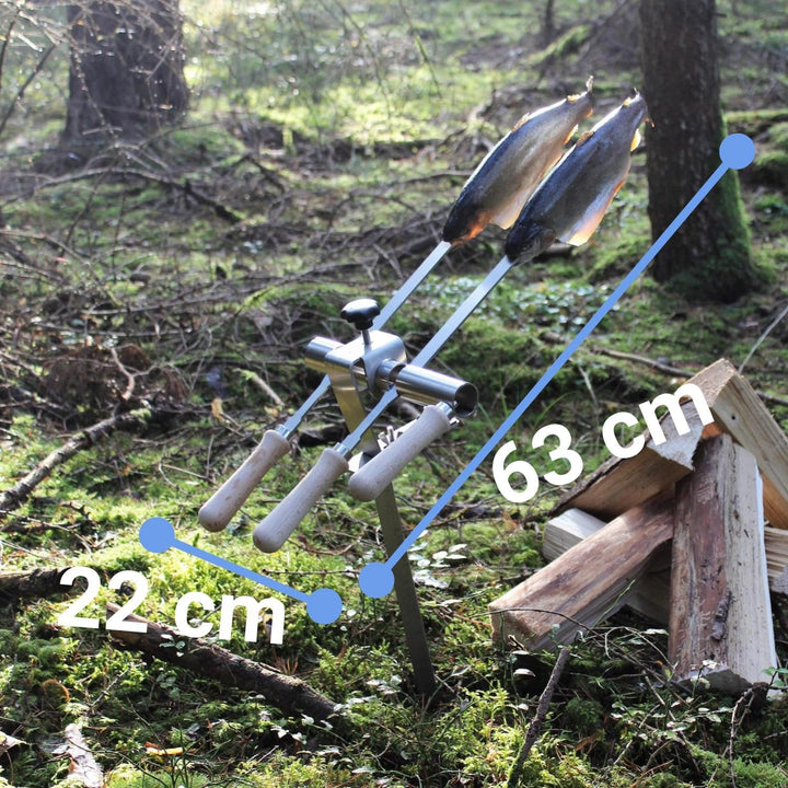 Premium Steckerlfisch Halter für Lagerfeuer - Platz für 2 Fische - Fisch Grill Spiesshalter für offe