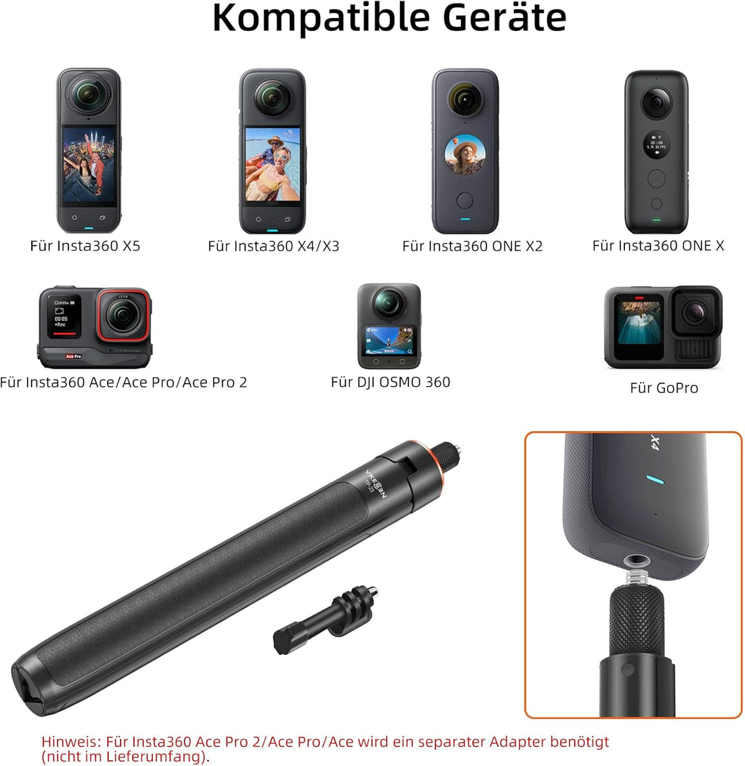 136cm Ausziehbar Selfie-Stick Stativ für Insta 360 X5/X4/X3/ONE X2/ONE X/Ace/Ace Pro/Ace Pro 2/ONE R
