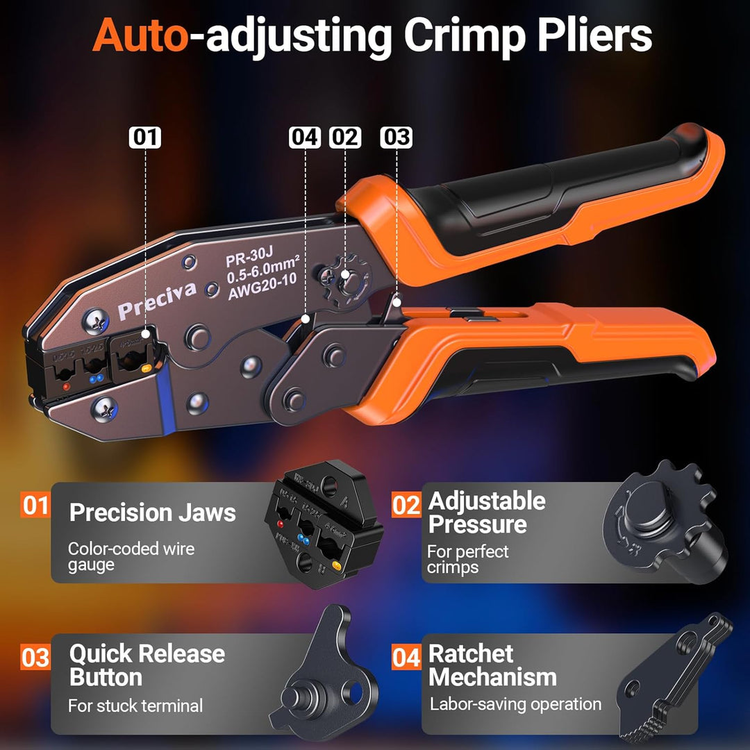 Preciva Crimpzange Set, Kabelschuhzange mit Ratschenmechanik + 680 farbcodierte Kabelverbinder (0,5-