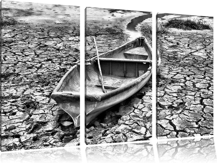 Pixxprint Monocrome, Boot in der Dürre 3-Teiler Leinwandbild 120x80 Bild auf Leinwand