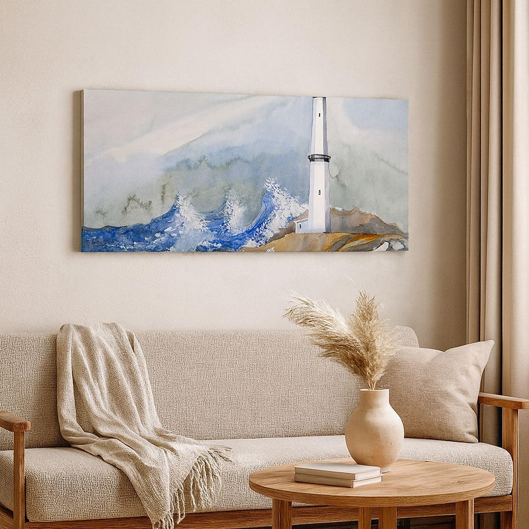Wandbilder Dekoration Wohnzimmer Leuchtturm Wasser Illustration Welle Bilder auf Leinwand 120x50cm L