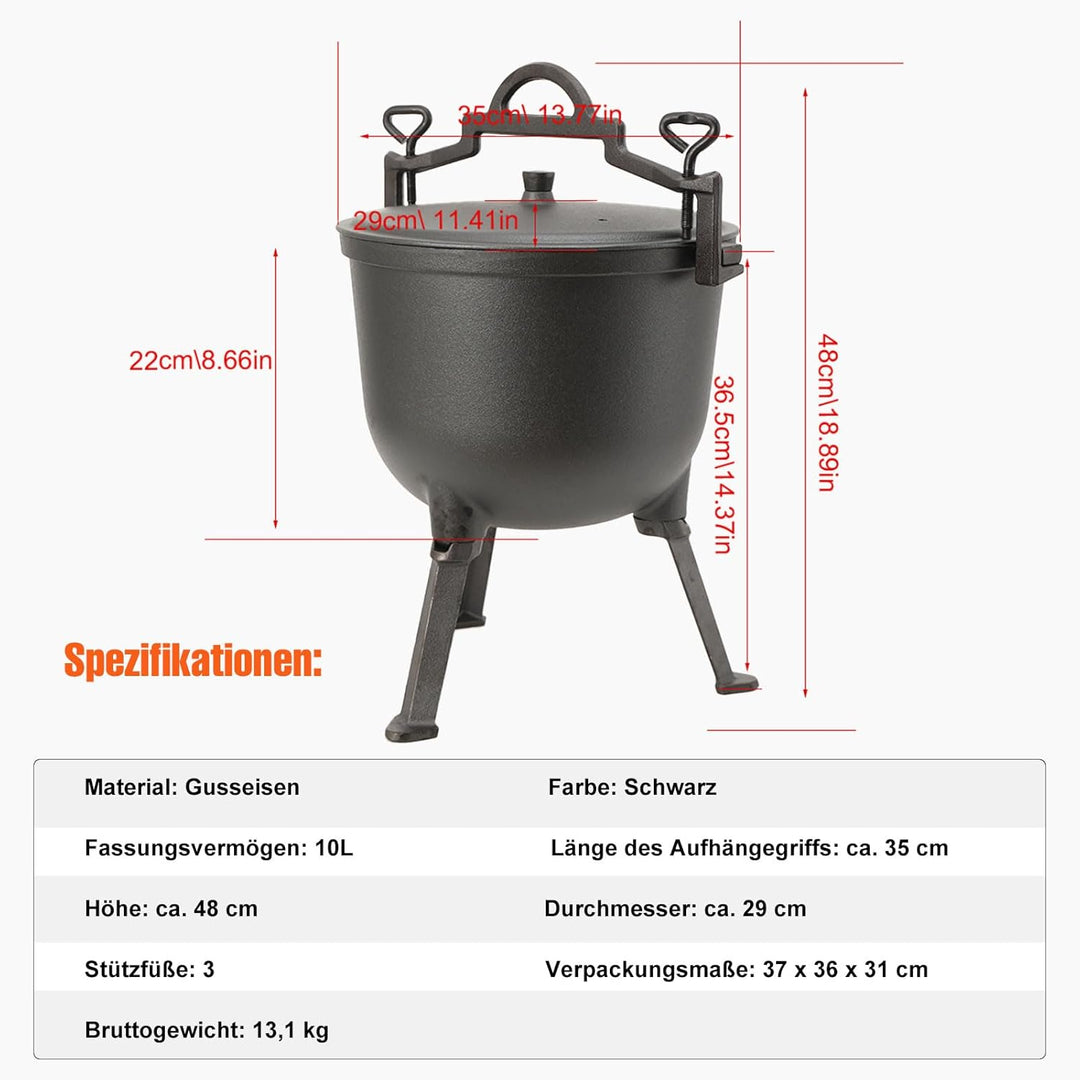 10L Jagdkessel Gulaschkessel Gusseisen Topf Gusseiserner Kessel BBQ Schmortopf Gusseisen Kochtopf Fe