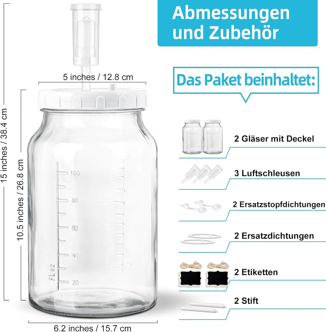 2x Gross Fermentierglas mit Luftschleuse - Breiter Mund Fermentiergläser mit Gärventil 4 Liter Ferme