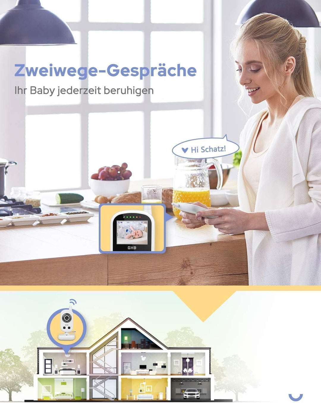 GHB Babyphone mit Kamera Video Baby Monitor 2,4 GHz Gegensprechfunktion ECO Modus Lange Akkulaufzeit