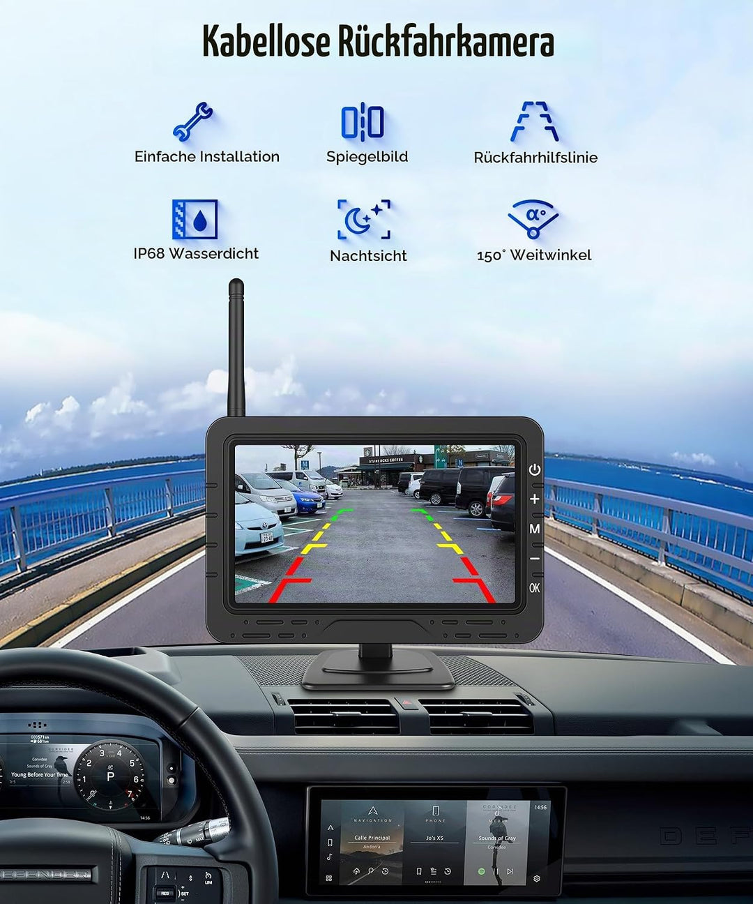 Rückfahrkamera Kabellos mit 4.3-Zoll-HD-IPS-Bildschirm, IP68 Nachtsicht Digital Rückfahrkamera Funk