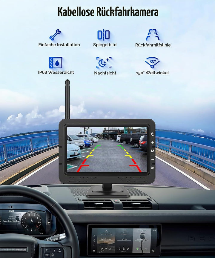 Rückfahrkamera Kabellos mit 4.3-Zoll-HD-IPS-Bildschirm, IP68 Nachtsicht Digital Rückfahrkamera Funk