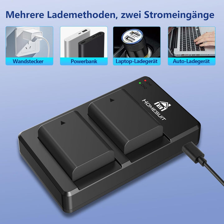 Homesuit NP-FW50 Akku und USB Dual Ladegerät Kit für Sony ZV-E10, A6000-Akkus, A6500, A6300, A7II, A
