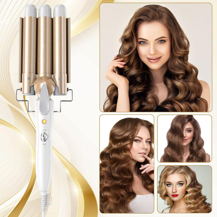 Lockenstab 3 Fässer Welleneisen,22mm Grosse Kreppeisen für Haare Beach Waves Lockenwickler,Turmalin