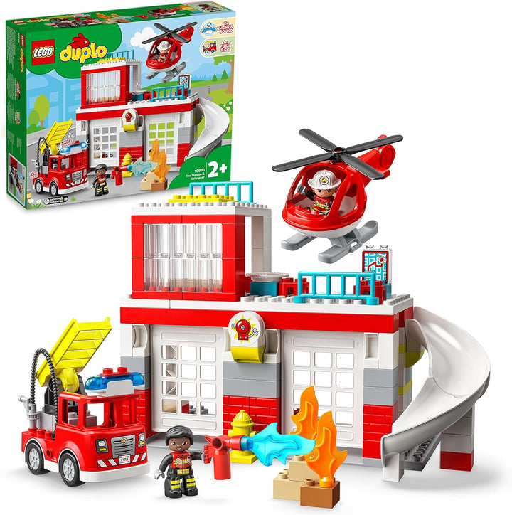 LEGO 10970 DUPLO Feuerwehrwache mit Hubschrauber, Feuerwehr-Spielzeug für Kleinkinder ab 2 Jahre mit