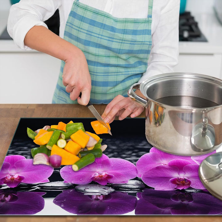 SmartDecoration Herdabdeckplatte Ceranfeldabdeckung aus Glas 60x52 cm Einteilig Motiv "Blumen" Viole