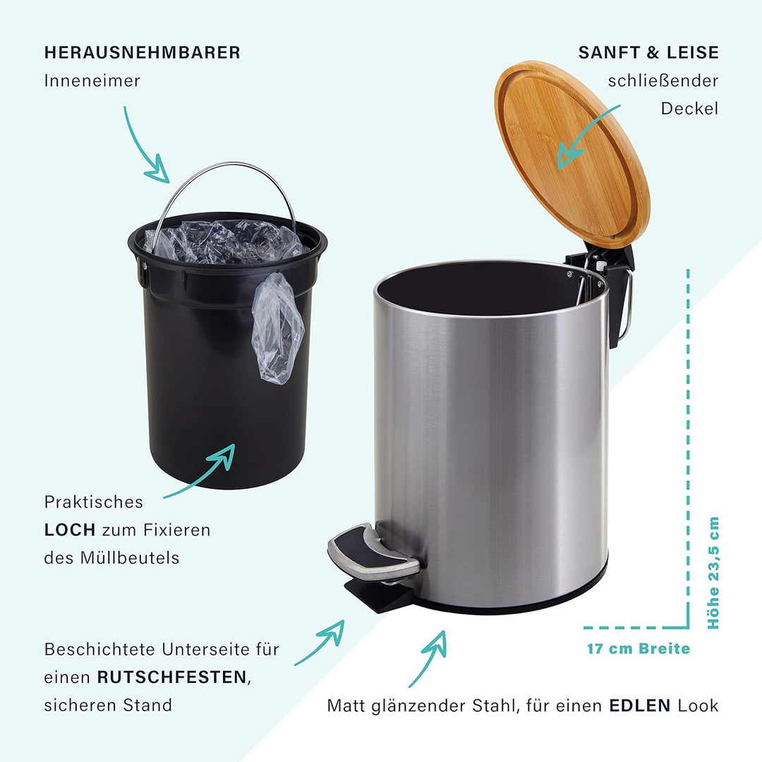 HIBATH® Kosmetikeimer mit Bambusdeckel - Badezimmer Mülleimer mit softclose Absenkautomatik - hochwe
