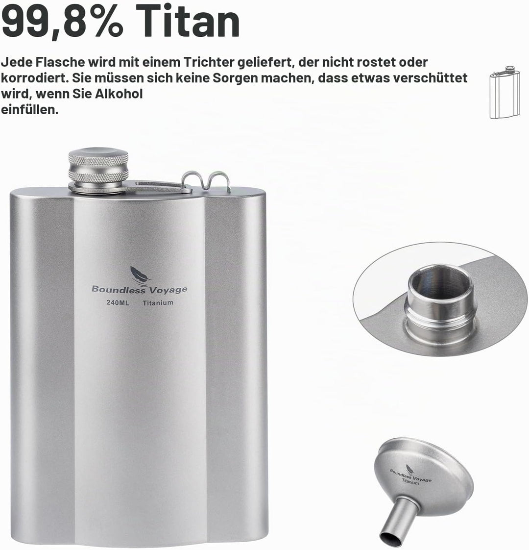 iBasingo Flachmänner aus Titan 240ml Ultraleichter kleiner Flachmann für Spirituosen Tragbare Reise