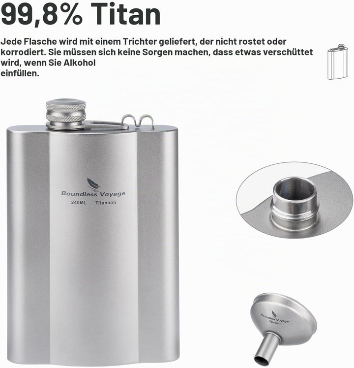 iBasingo Flachmänner aus Titan 240ml Ultraleichter kleiner Flachmann für Spirituosen Tragbare Reise