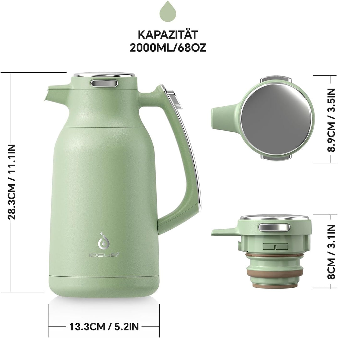 IDEUS® Thermoskanne 2l, Edelstahl Doppelwandige Kaffeekanne Vakuumisolierung Isolierkanne Warmhaltek
