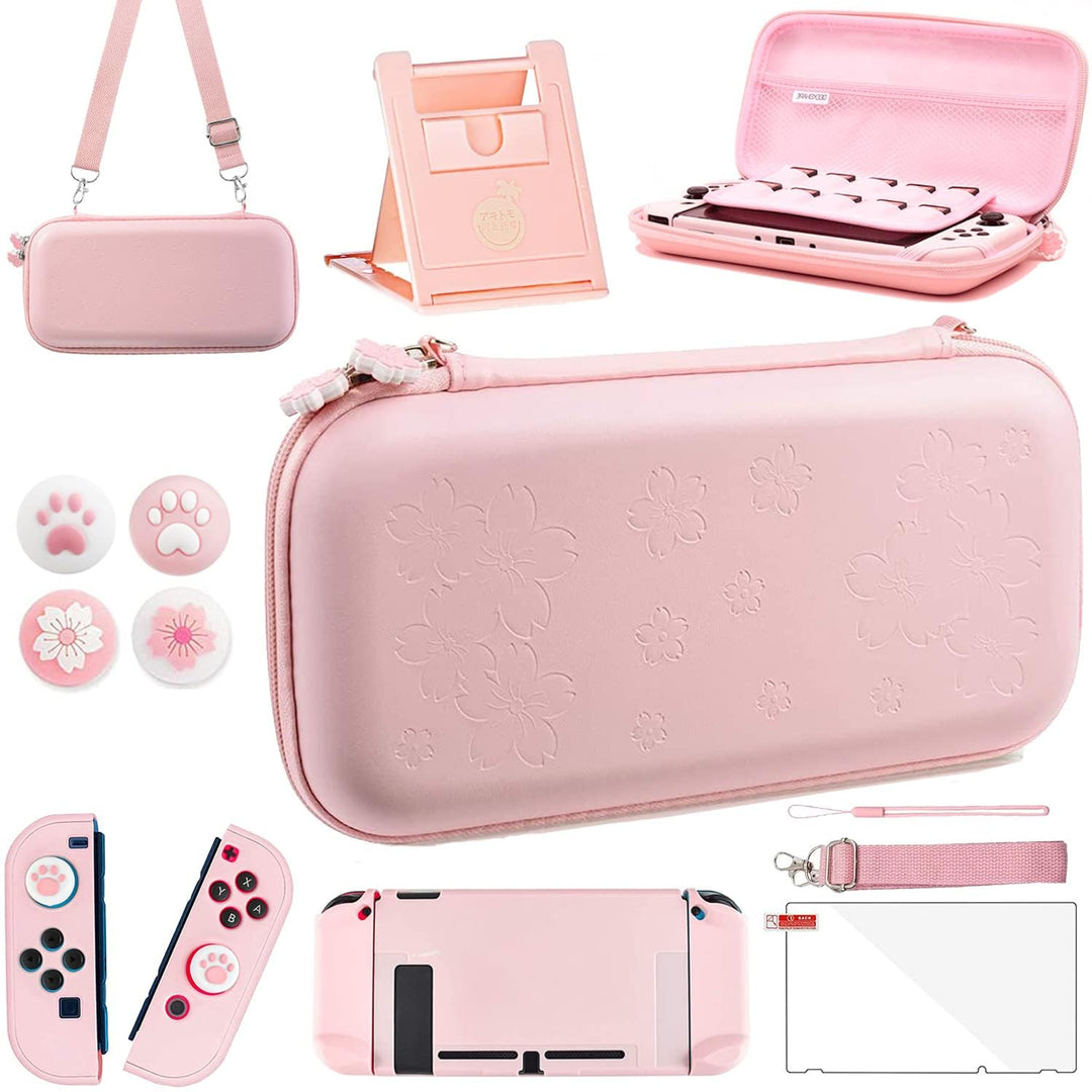 OLDZHU Rosa Reisezubehör Set Kompatibel mit Nintendo Switch,10 in 1 mit Rosa Tragetasche für die Swi