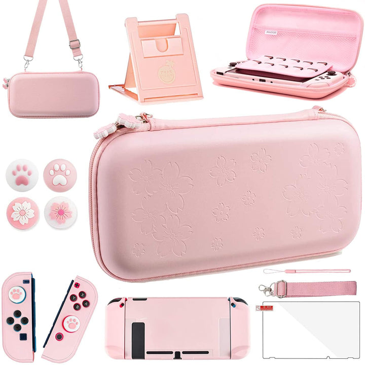 OLDZHU Rosa Reisezubehör Set Kompatibel mit Nintendo Switch,10 in 1 mit Rosa Tragetasche für die Swi