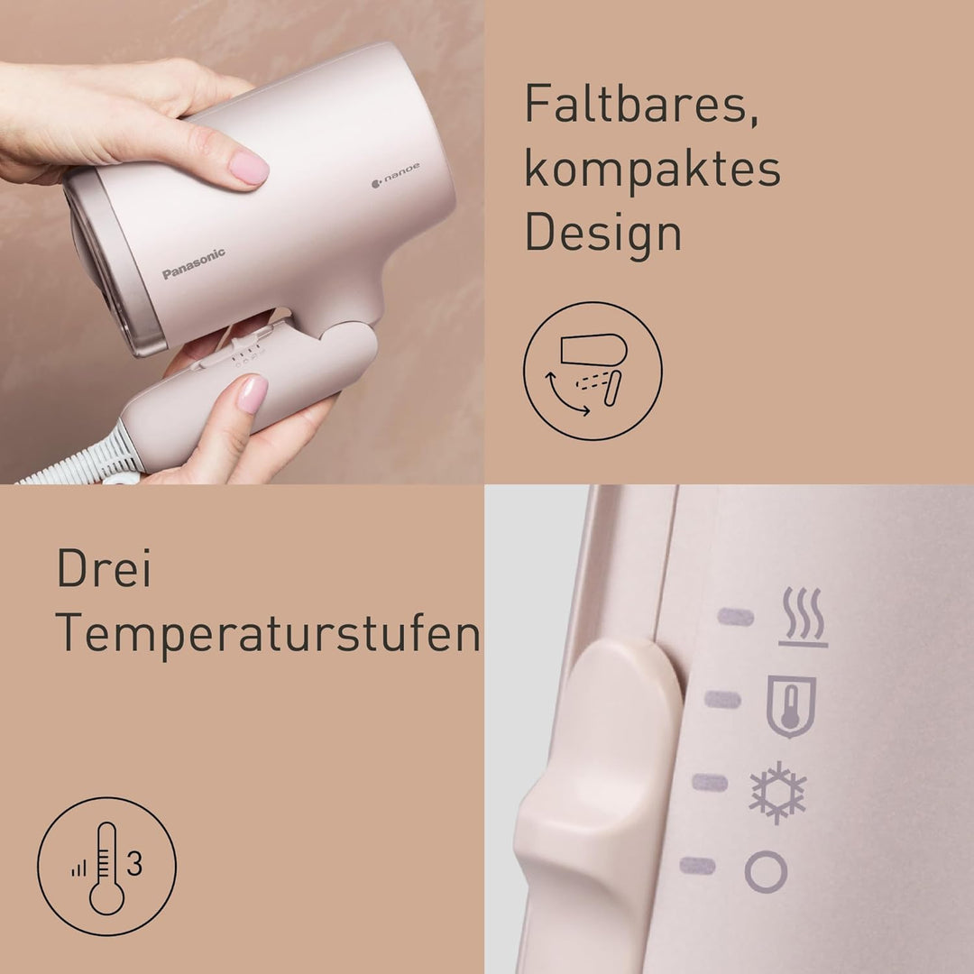 Panasonic EH-NA7M-P825 nanoe Haartrockner für glänzendes Haar, faltbares Design, Schnelltrocknen, Ko