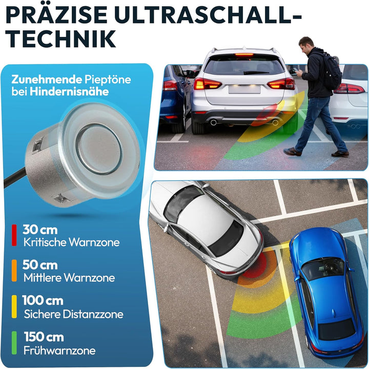 VSG24 Einparkhilfe Set hinten mit 4 Sensoren in Silber – robuste PDC Parkhilfe für Auto, SUV &amp; Trans