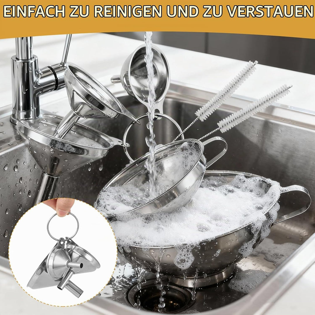 5 Stück Trichter Edelstahl set - Marmelade und Stapelbarer Kleiner Trichter mit 2 Stück Reinigungsbü