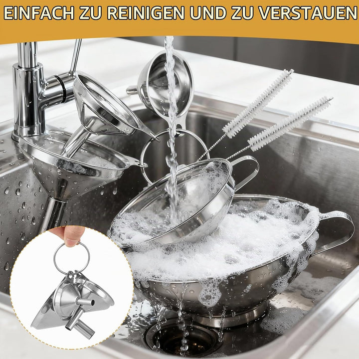 5 Stück Trichter Edelstahl set - Marmelade und Stapelbarer Kleiner Trichter mit 2 Stück Reinigungsbü
