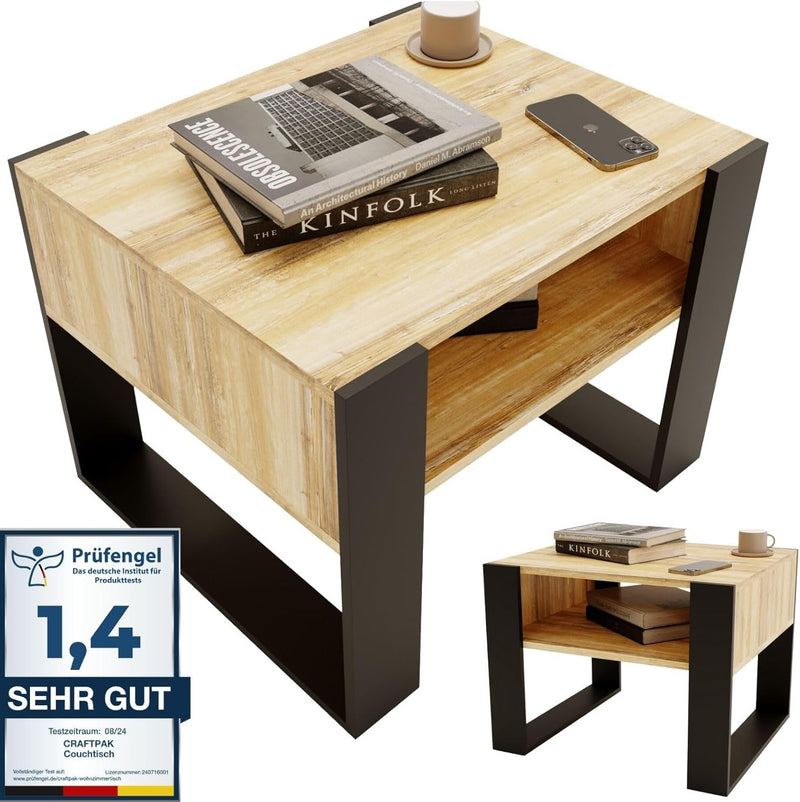 CraftPAK Wohnzimmer Tisch für Couch aus hochwertigem Holz, Stabiler & moderner Couchtisch mit zusätz