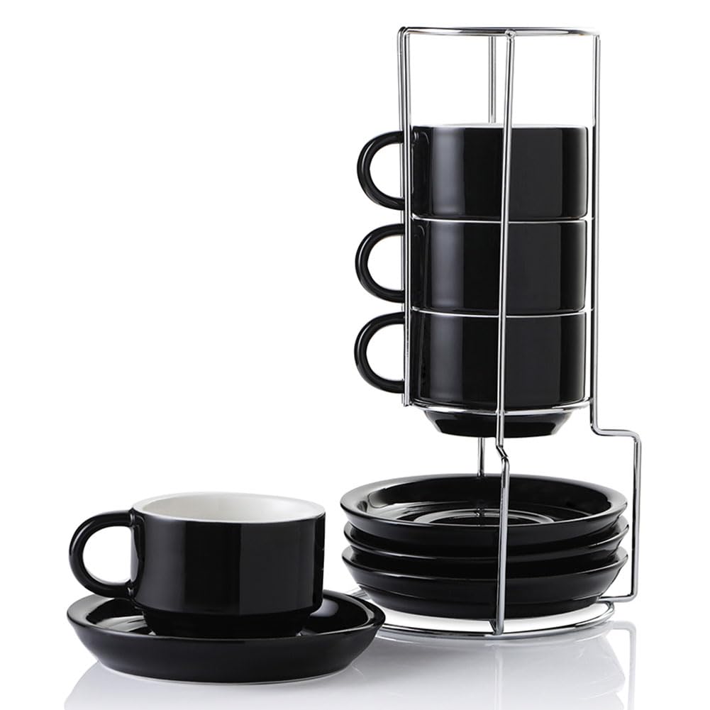 Sweejar Home Porzellan Cappuccino Tassen mit Untertassen und Metallständer, stapelbare Espressotasse