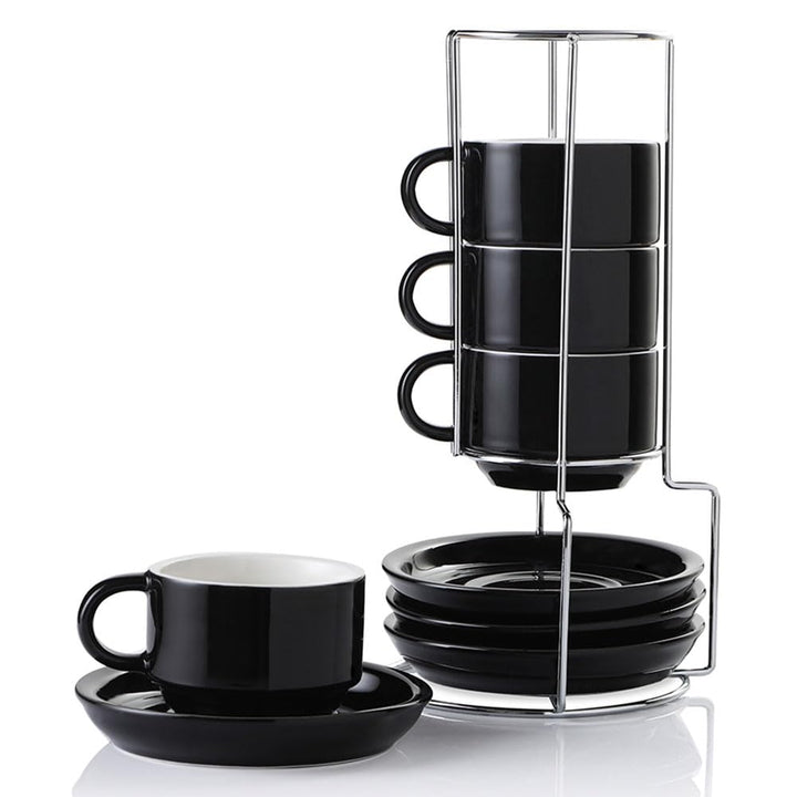 Sweejar Home Porzellan Cappuccino Tassen mit Untertassen und Metallständer, stapelbare Espressotasse